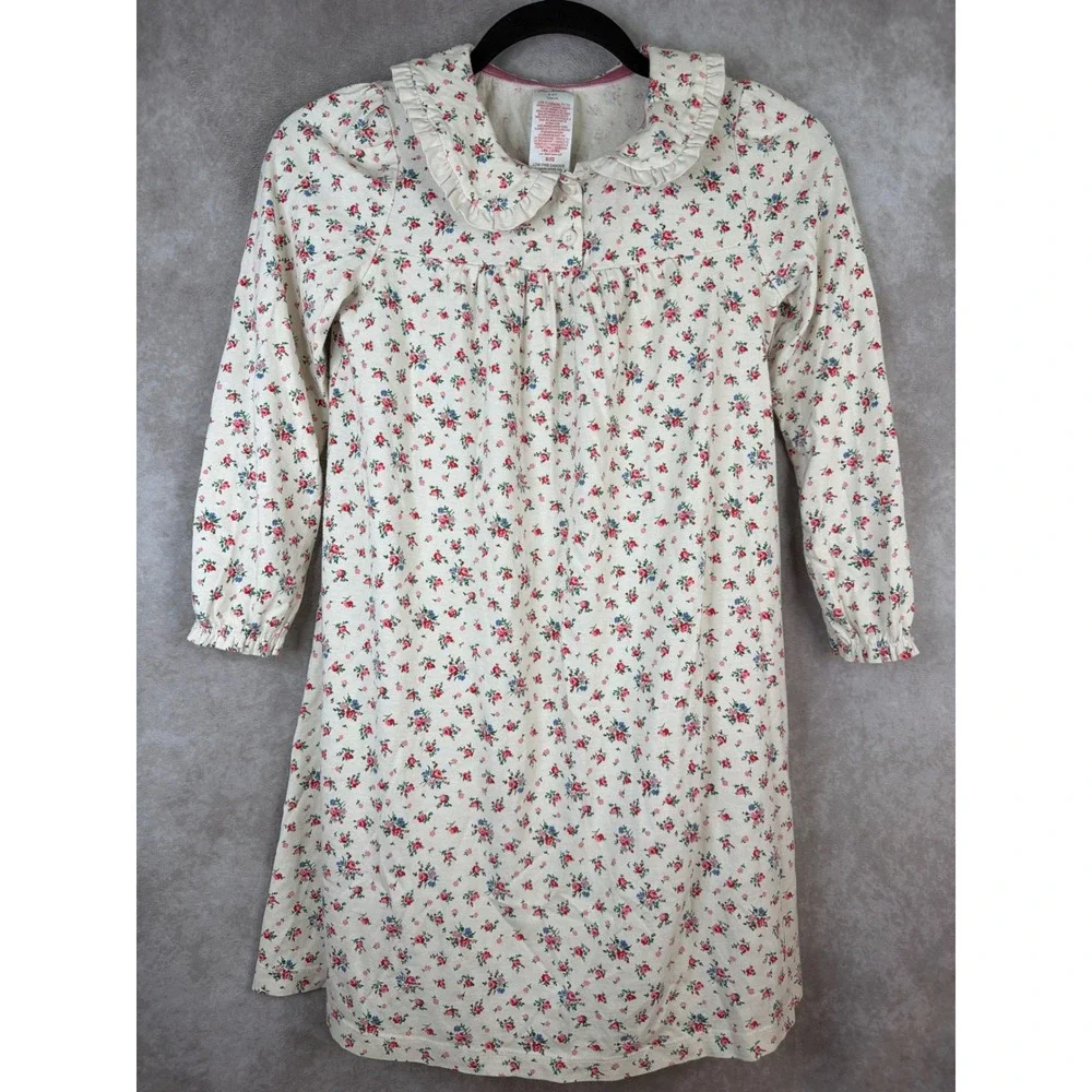 Mini Boden Nightgown Girls 8-9Y Cream Floral Ruffle Peter Pan Collar Sleep Dress